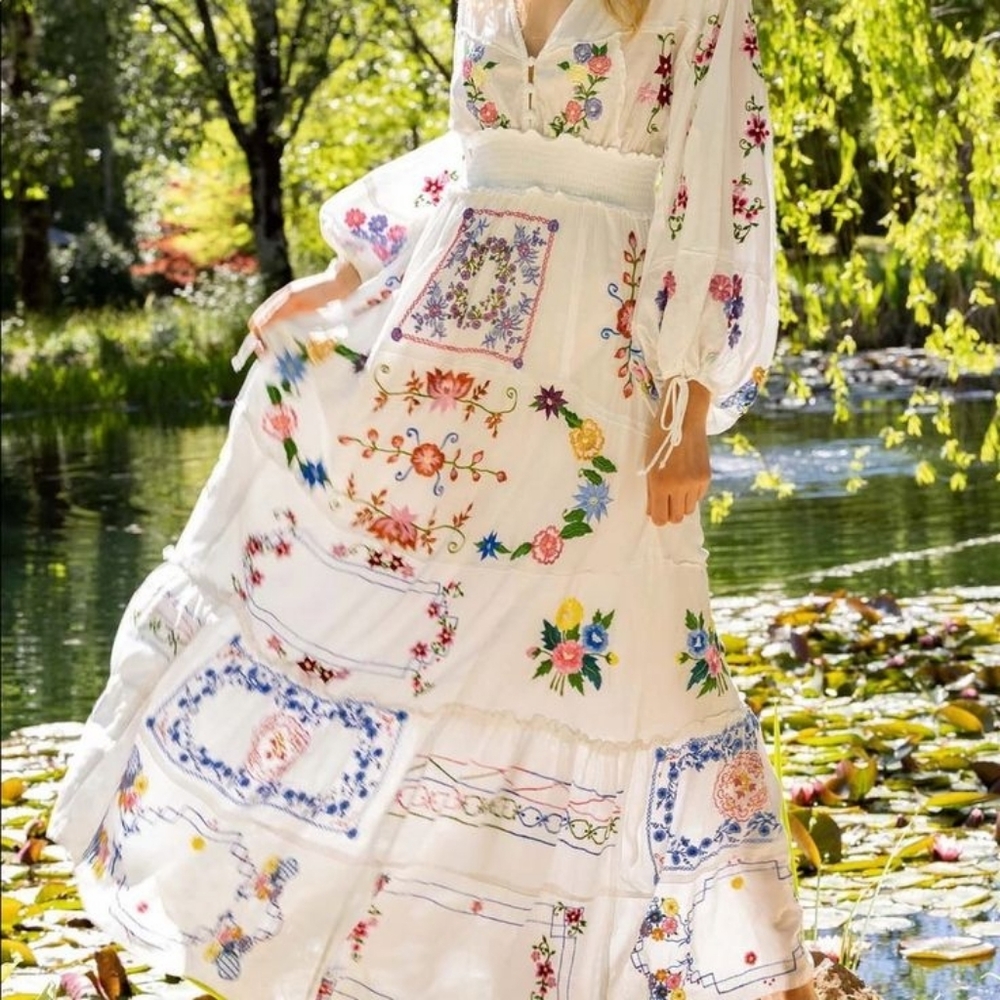 Floral Embroidered Fillyboo Cottage White Dress Medium - Picture 2 of 8